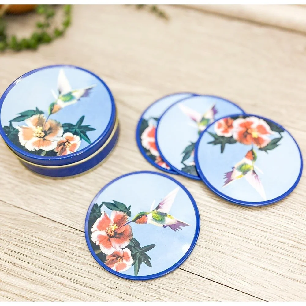Vintage Hummingbird Coaster Tin, Set of 4 Coasters‎ Metal and Cork
